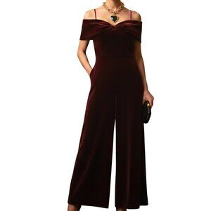 NEW HUTCH OFF THE SHOULDER WIDE LEG JUMPSUIT IN RICH CRIMSON ROSE VELVET SIZE 2
